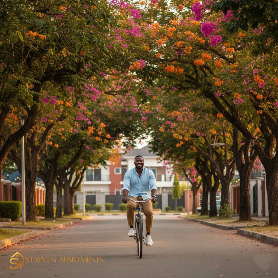 Stayven Guest riding a bicycle outside Stayven Apartments in Abuja, enjoying the scenic view of the city streets.
