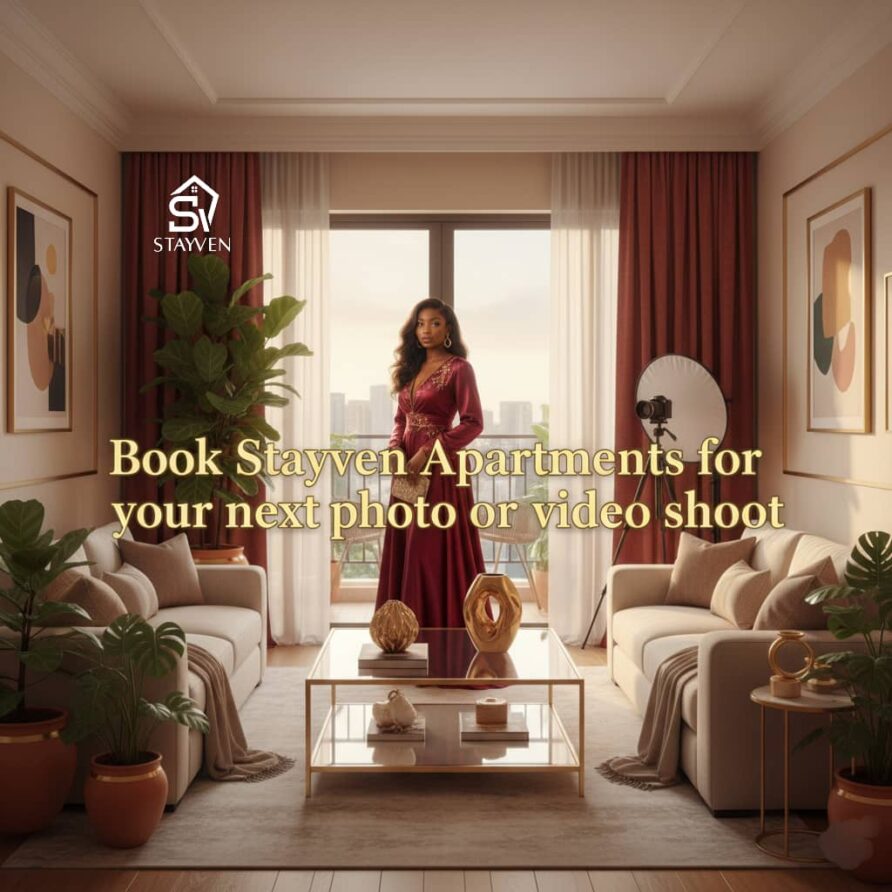 Luxurious stayven apartment in Nigeria with a model posing for a photoshoot, showcasing the space available for paid photo and video shoots