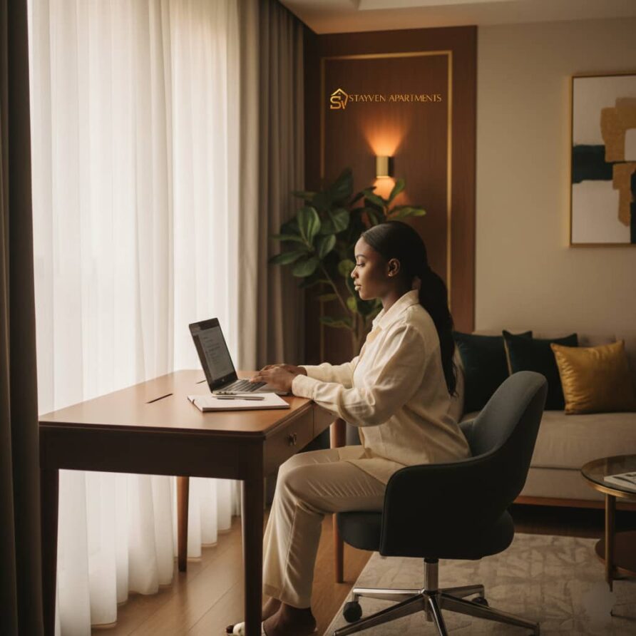 Modern Stayven apartment workspace with a laptop, desk, and comfortable chair, showing the dedicated work area for guests in Abuja or Kano.
