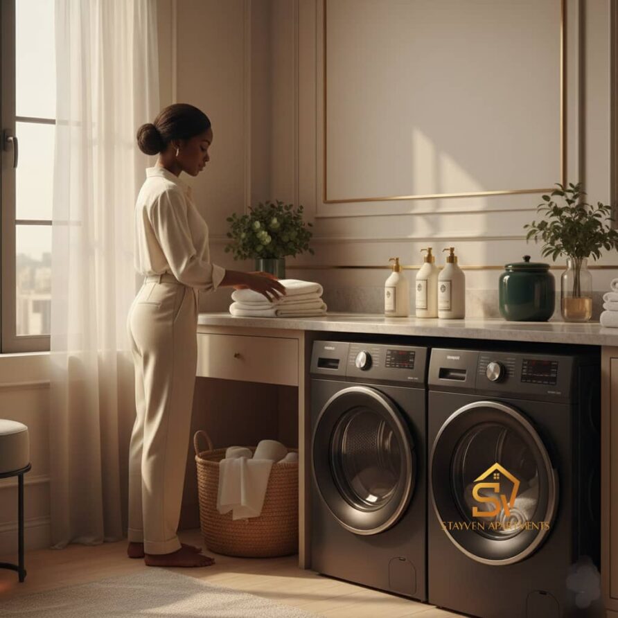 Woman folding laundry in a modern stayven apartment laundry area, showcasing laundry service available for guests