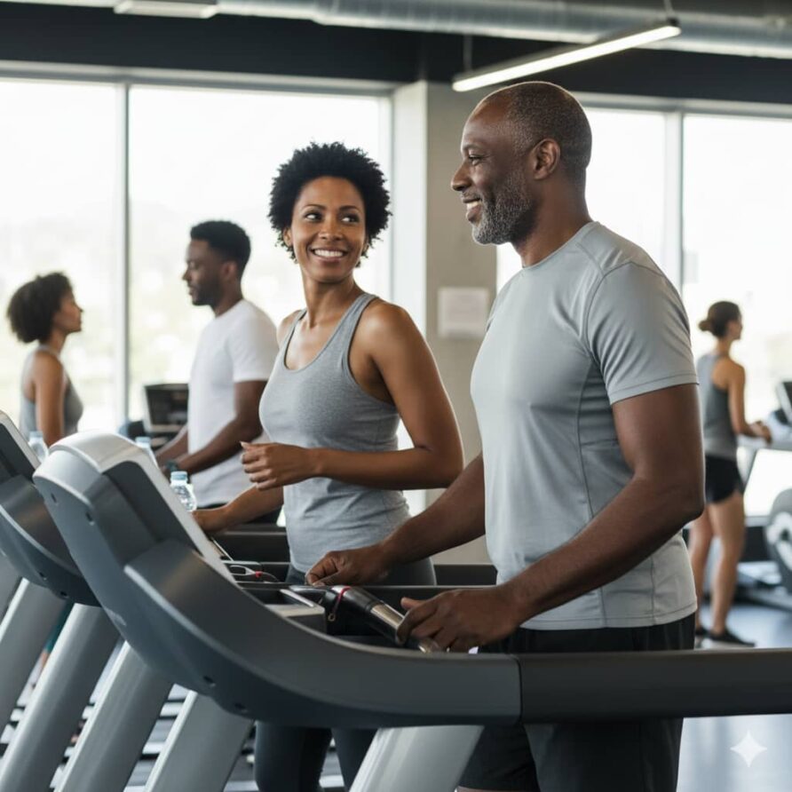 Modern Stayven Apartments gym with guests working out, showing free fitness access for all booked guests