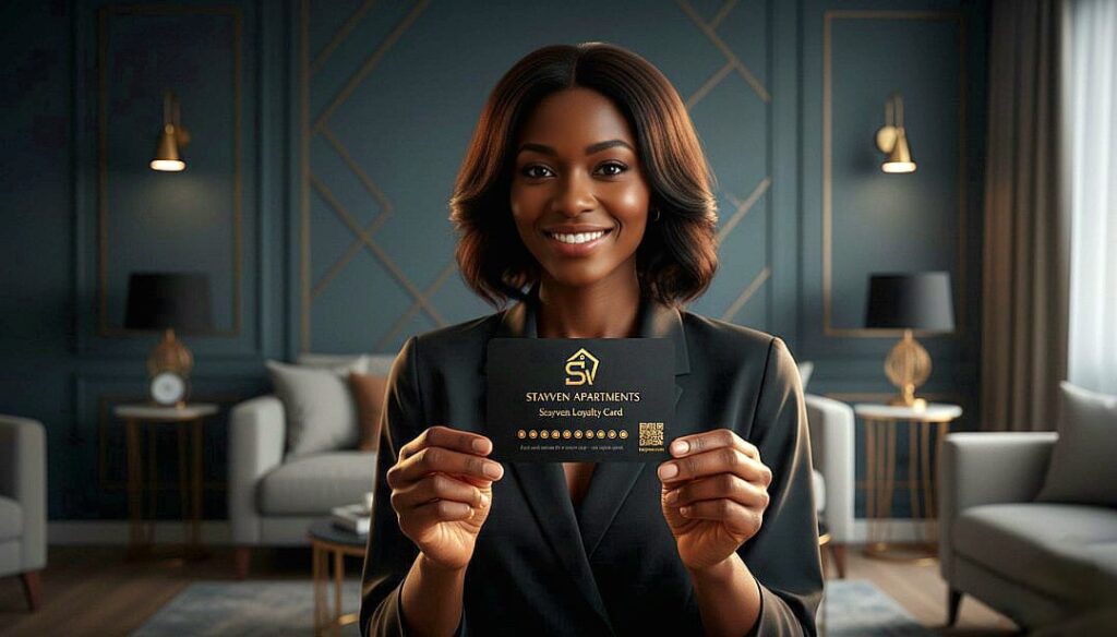 A happy guest holding the stayven loyalty card